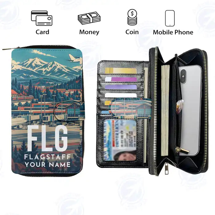 Flagstaff Pulliam Airport (FLG) Leather Wallets - Zip Long Wallet - Scene + Name