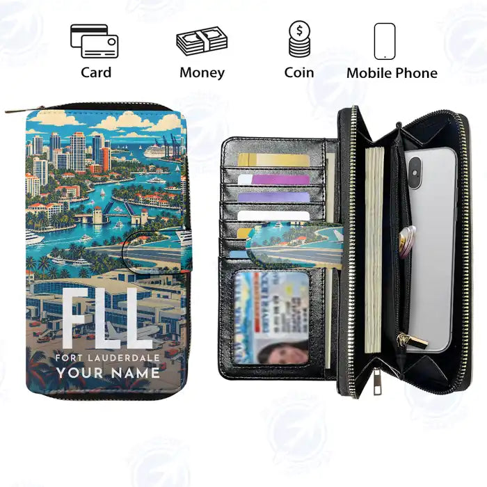 Fort Lauderdale-Hollywood International Airport (FLL) Leather Wallets - Zip Long Wallet - Scene + Name