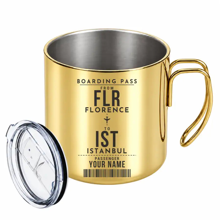 Florence Airport (FLR) Stainless Steel Mugs - Customizable Boarding Pass - Portable Mug - Gold