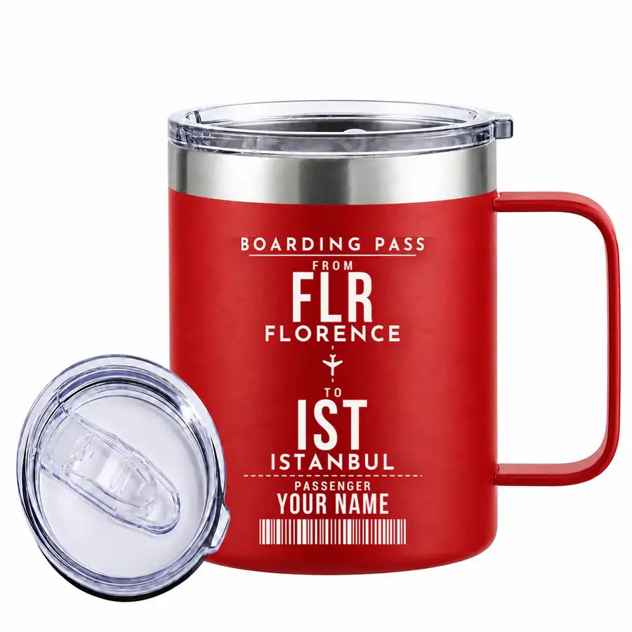 Florence Airport (FLR) Stainless Steel Mugs - Customizable Boarding Pass - Stainless Steel Mug - 14 oz / 400ML - Red