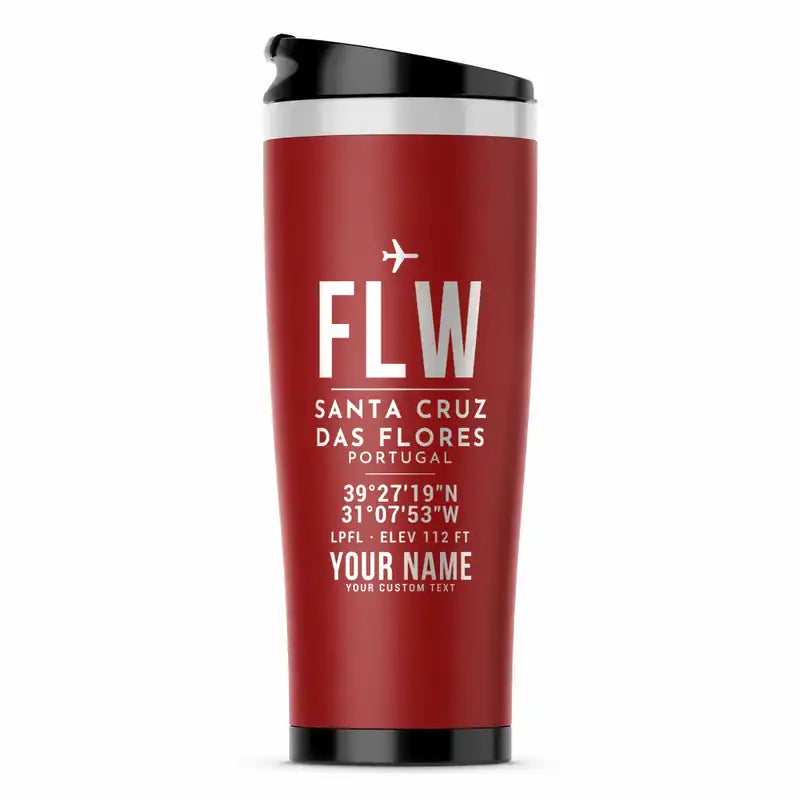 Flores Airport (FLW) Travel Mugs - ID Tag + Name - Stainless Steel (No Holder) - Red