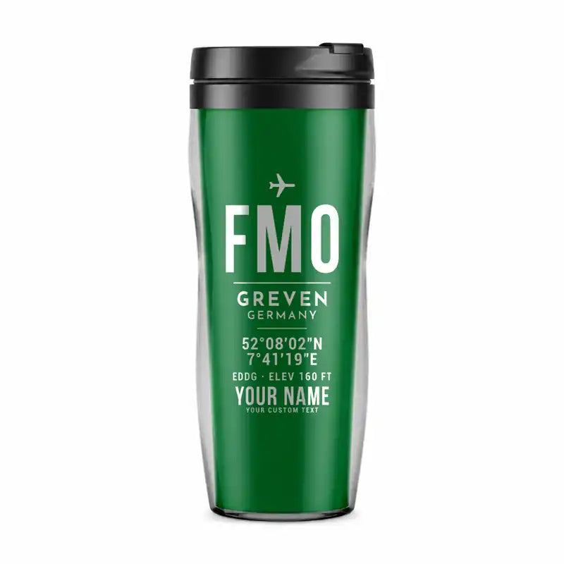 Munster Osnabruck International Airport (FMO) Travel Mugs - ID Tag + Name - Plastic (No Holder) - Green