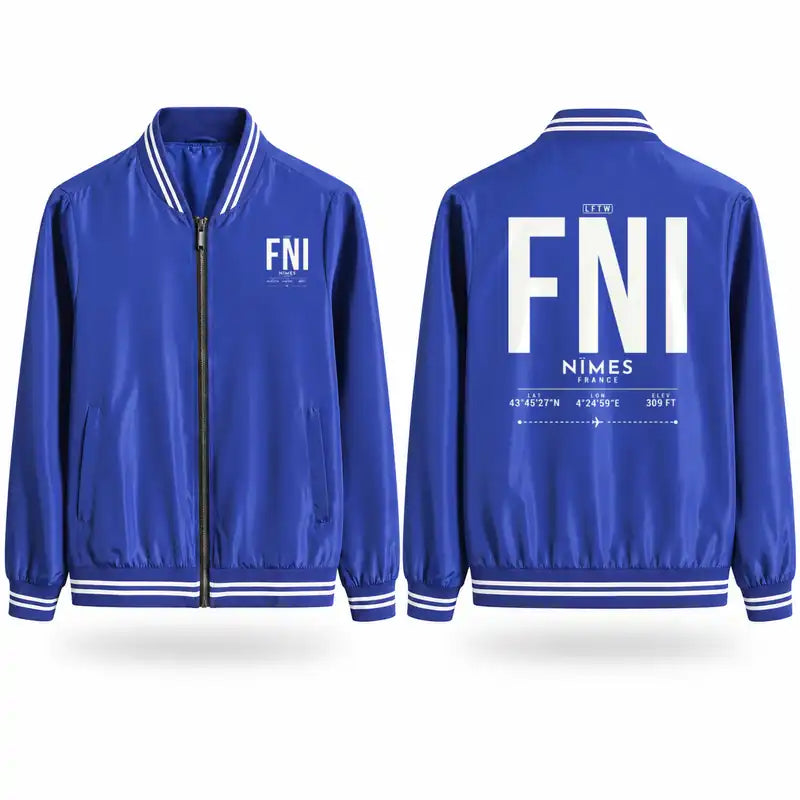 Nîmes-Alès-Camargue-Cévennes Airport (FNI) Stylish Jackets - Baseball Collar - Tag - Royal Blue