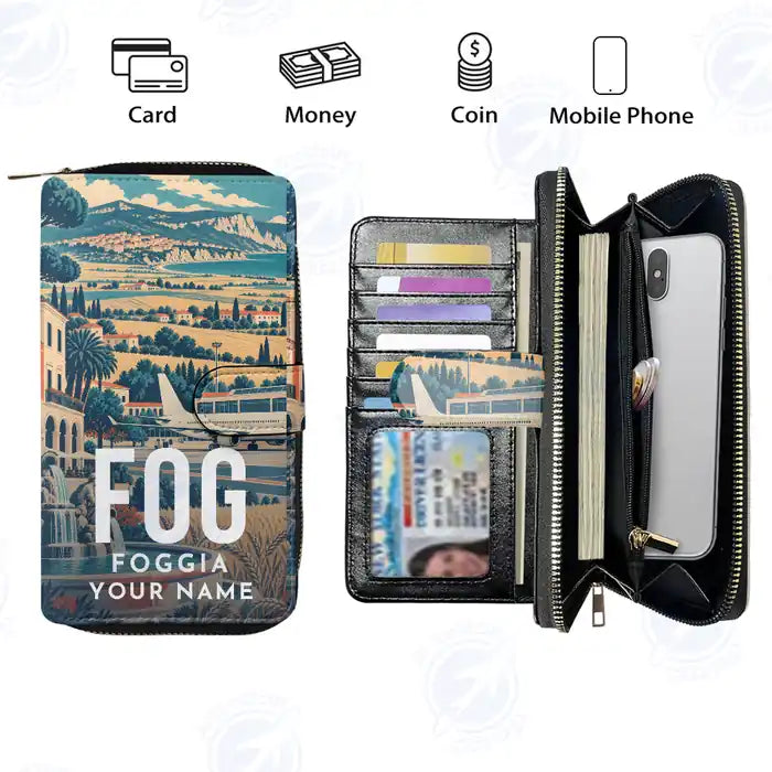 Foggia 'Gino Lisa' Airport (FOG) Leather Wallets - Zip Long Wallet - Scene + Name