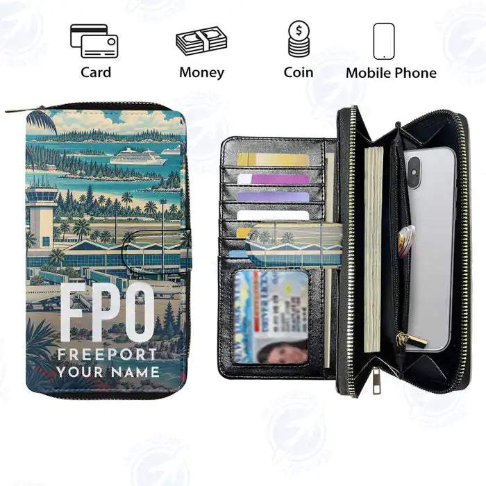 Freeport Grand Bahama International Airport (FPO) Leather Wallets - Zip Long Wallet - Scene + Name