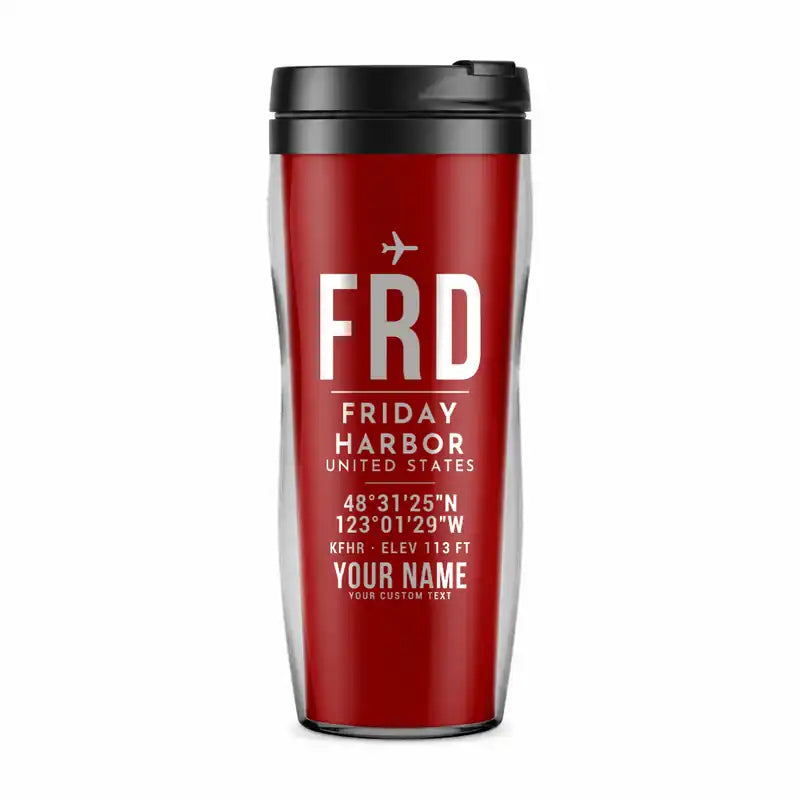 Friday Harbor Airport (FRD) Travel Mugs - ID Tag + Name - Plastic (No Holder) - Red