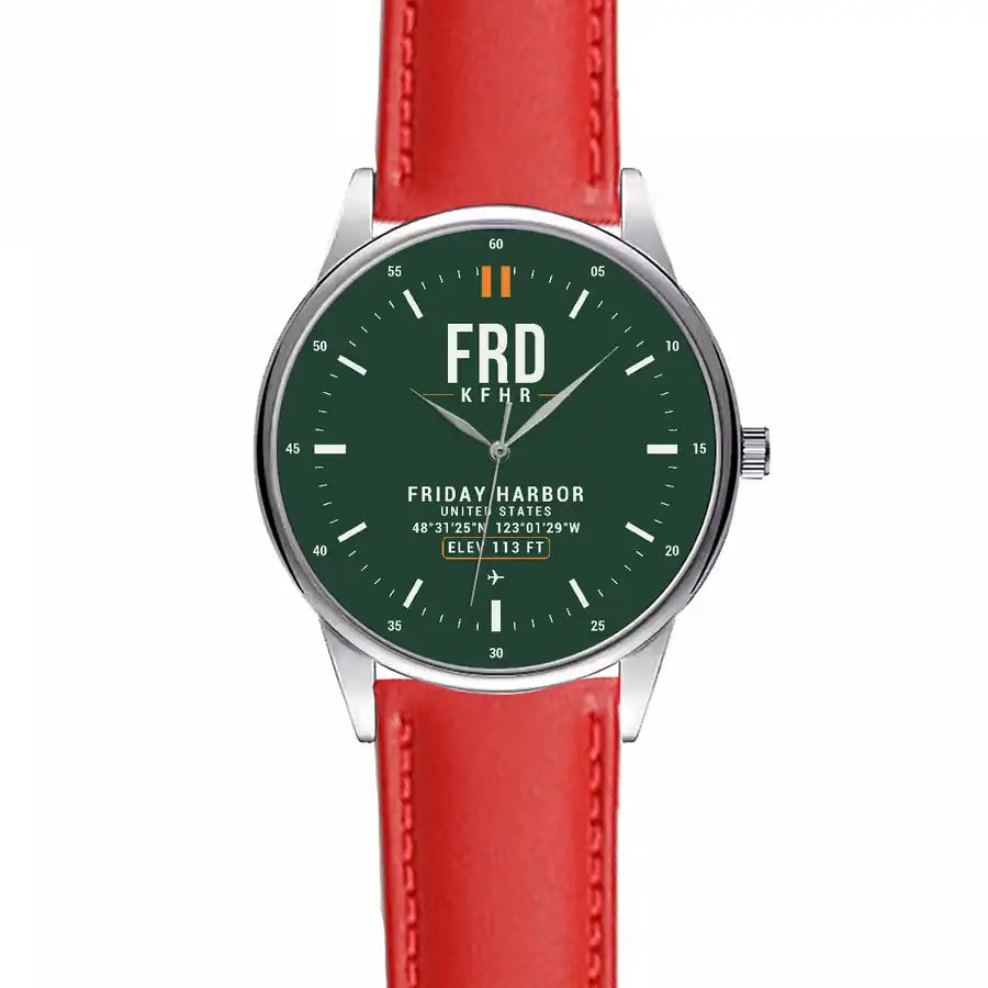 Friday Harbor Airport (FRD) Aviator Watches - Classic - Dark Green - Leather Strap - Red Leather Strap