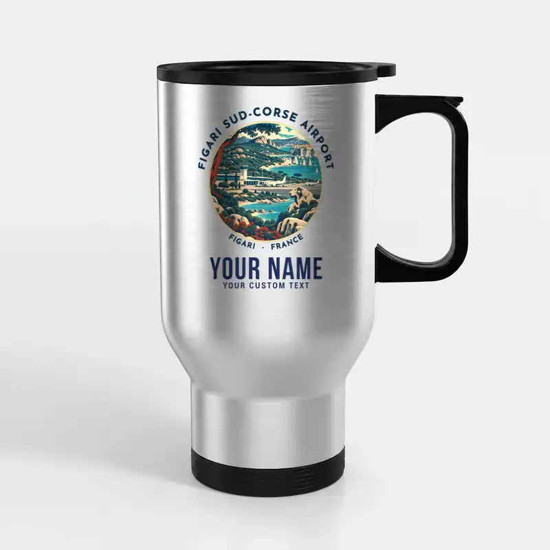 Figari Sud-Corse Airport (FSC) Travel Mugs - Badge + Name - Stainless Steel with Holder - Silver