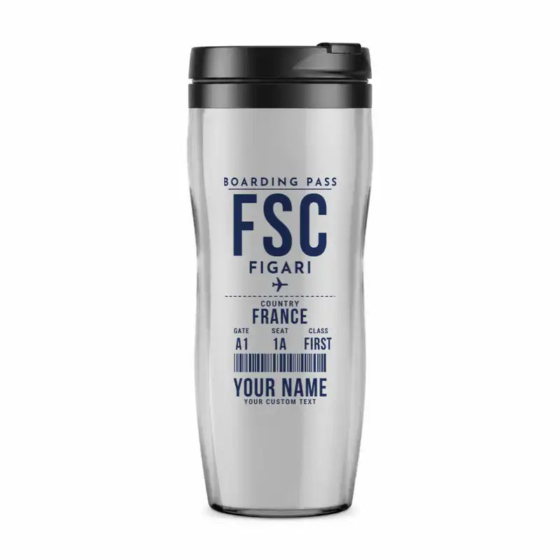 Figari Sud-Corse Airport (FSC) Travel Mugs - Boarding Pass + Name - Plastic (No Holder) - Light Gray