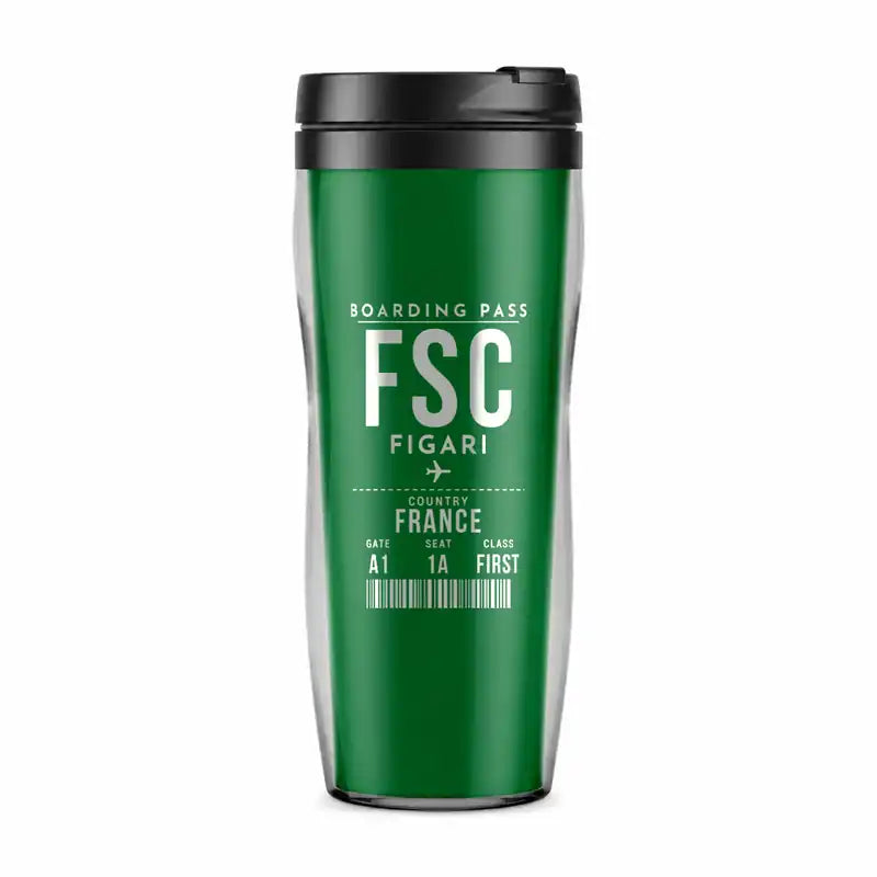 Figari Sud-Corse Airport (FSC) Travel Mugs - Boarding Pass - Plastic (No Holder) - Green