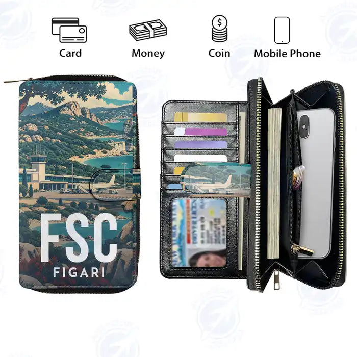 Figari Sud-Corse Airport (FSC) Leather Wallets - Zip Long Wallet - Scene