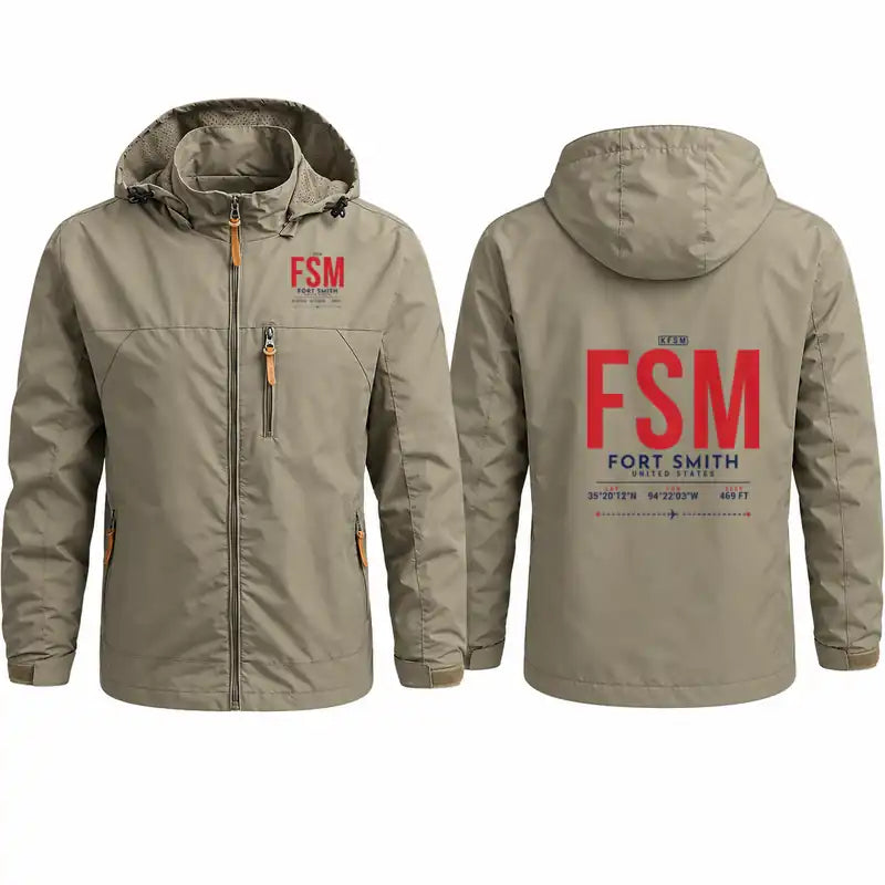 Fort Smith Regional Airport (FSM) Stylish Jackets - Hooded Windbreaker - Tag - Khaki