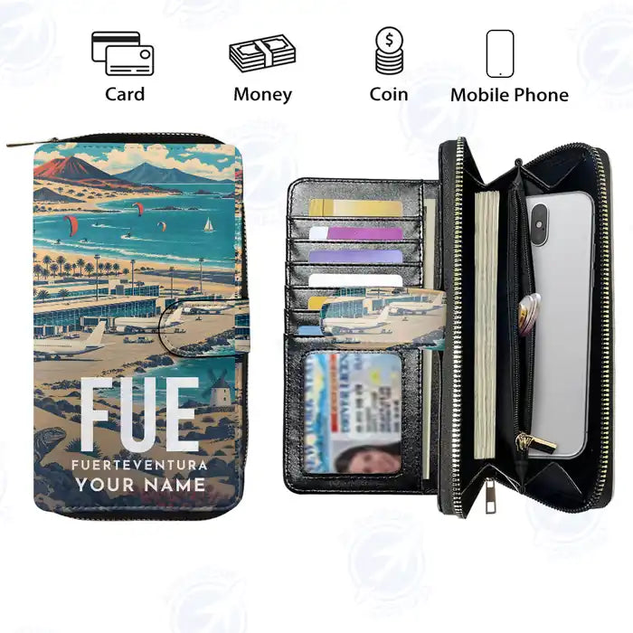 Fuerteventura Airport (FUE) Leather Wallets - Zip Long Wallet - Scene + Name