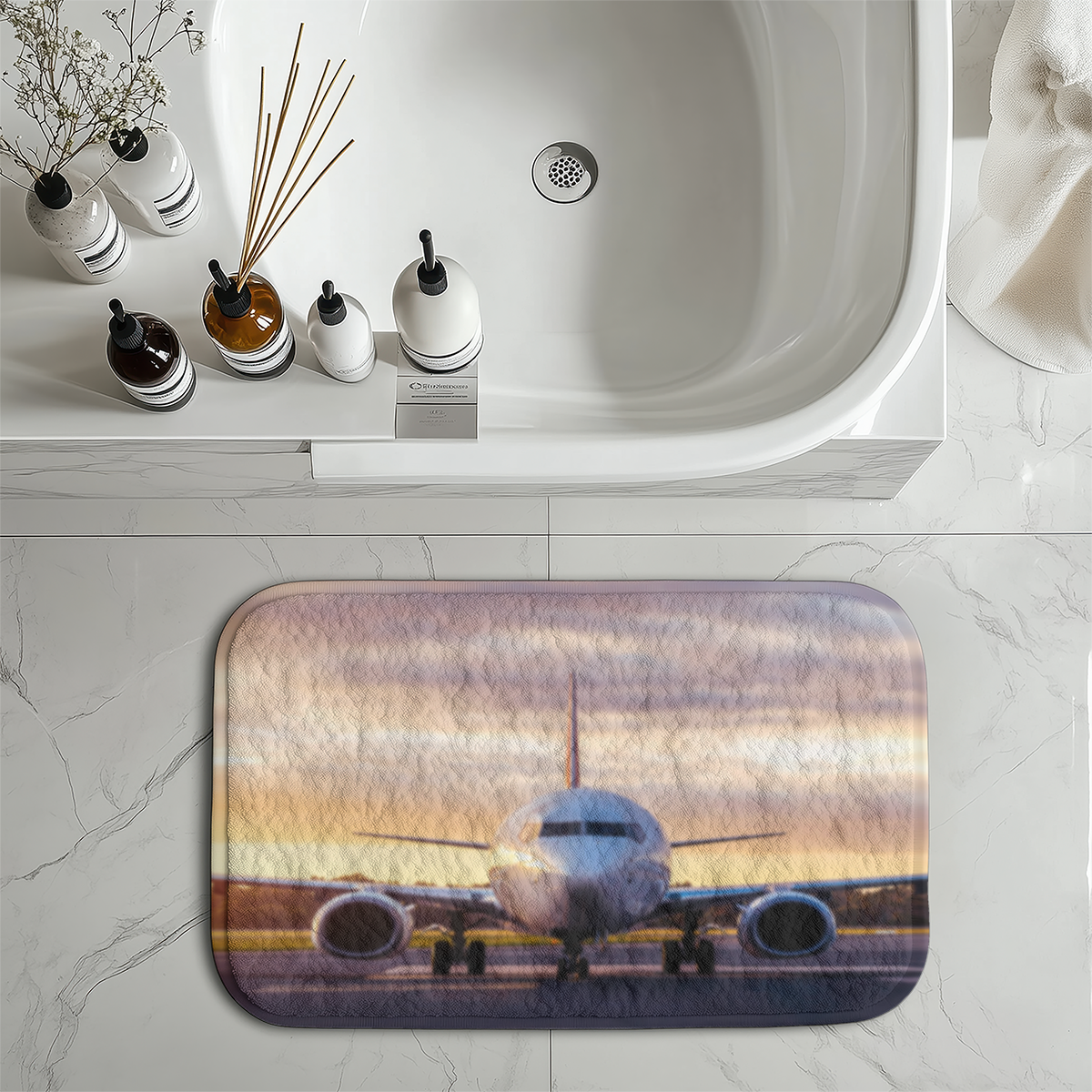 Face to Face with Boeing 737-800 During Sunset Designed Bath Mats