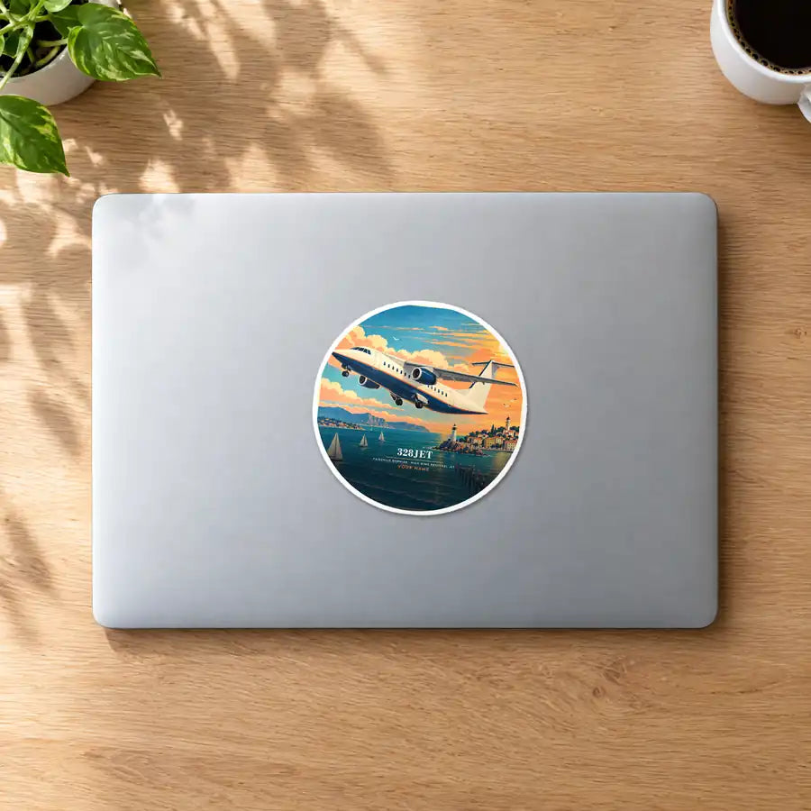 Fairchild Dornier 328JET - 3D + Name - Circle Sticker - MacBook