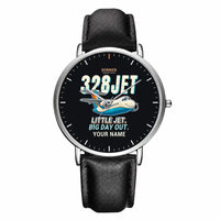 Thumbnail for Fairchild Dornier 328JET - Cartoon + Name - Slim Leather - Silver and Black Leather Strap