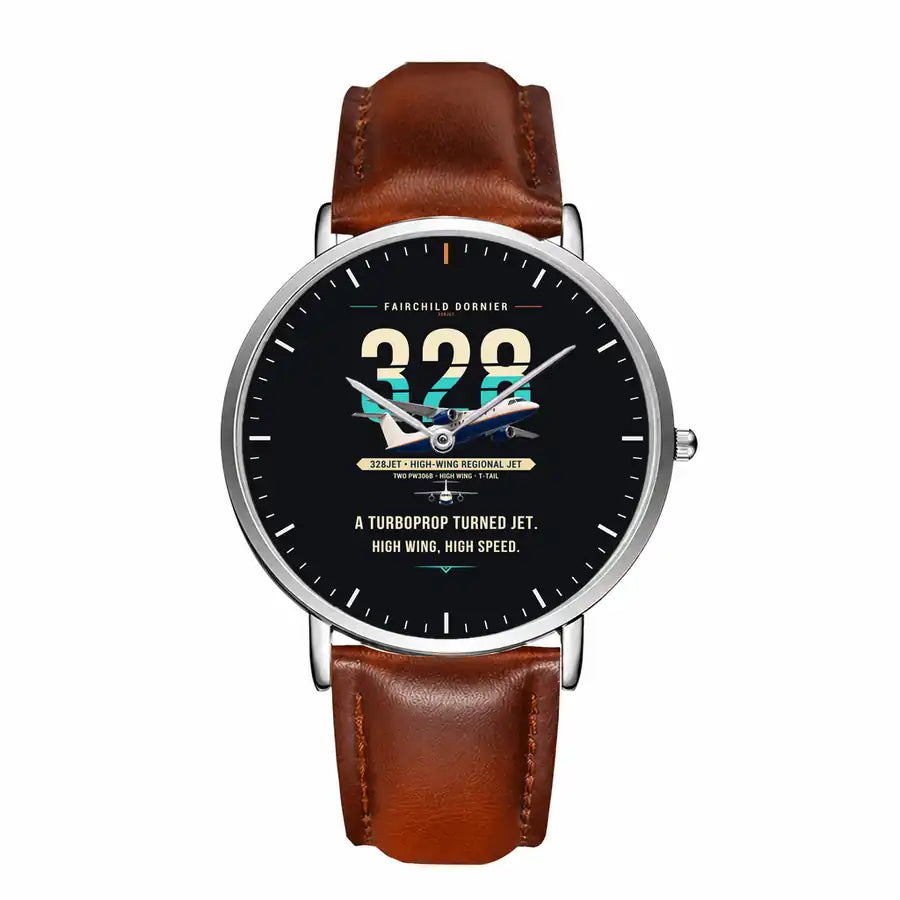 Fairchild Dornier 328JET - Original - Slim Leather - Silver and Brown Leather Strap