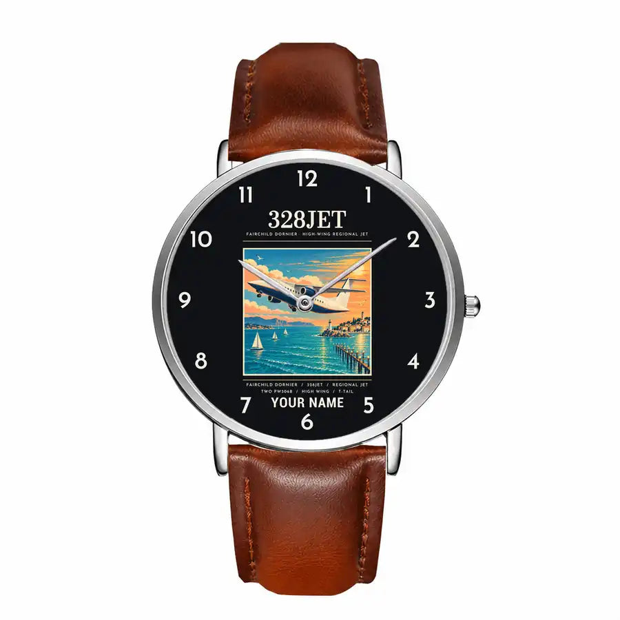 Fairchild Dornier 328JET - Poster + Name - Slim Leather - Silver and Brown Leather Strap