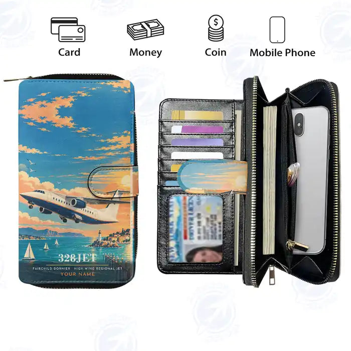 Fairchild Dornier 328JET Leather Wallets - Zip Long Wallet - 3D + Name