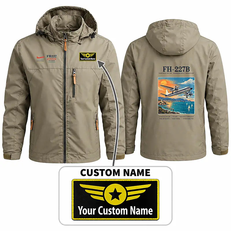 Fairchild Hiller FH-227B Stylish Jackets - Hooded Windbreaker - Poster + Name - Khaki