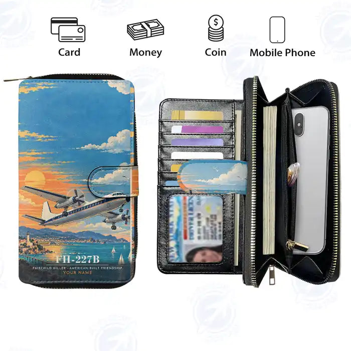 Fairchild Hiller FH-227B Leather Wallets - Zip Long Wallet - 3D + Name