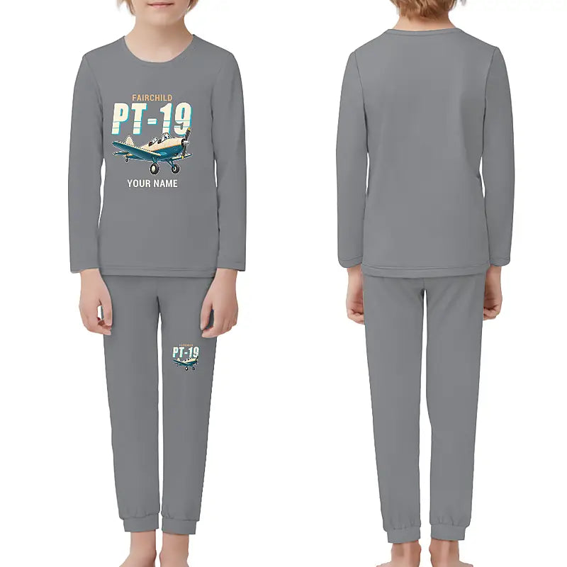 Fairchild PT-19 Cornell - Children Pajamas - Cartoon Chest + Name - Gray
