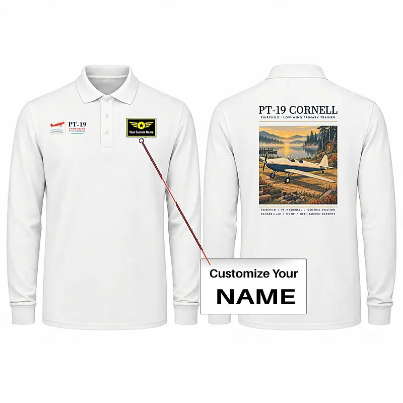 Fairchild PT-19 Cornell Premium Polo T-Shirts - Poster + Name - Long Sleeve - White