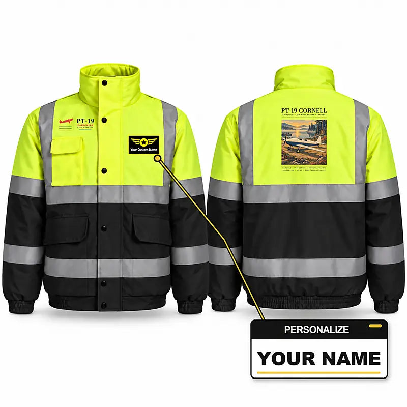 Fairchild PT-19 Cornell Reflective Winter Jackets - Poster + Name - Fluorescent Yellow & Navy