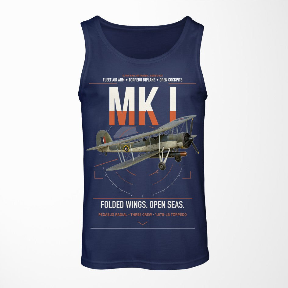 Fairey Swordfish Mk I design on dark blue tank top