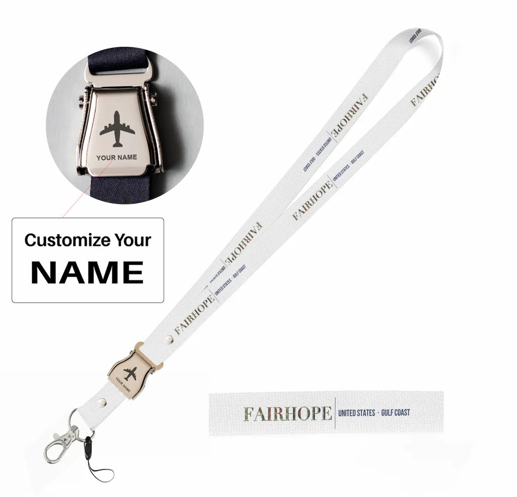 Fairhope City Series seat belt lanyard - white with name