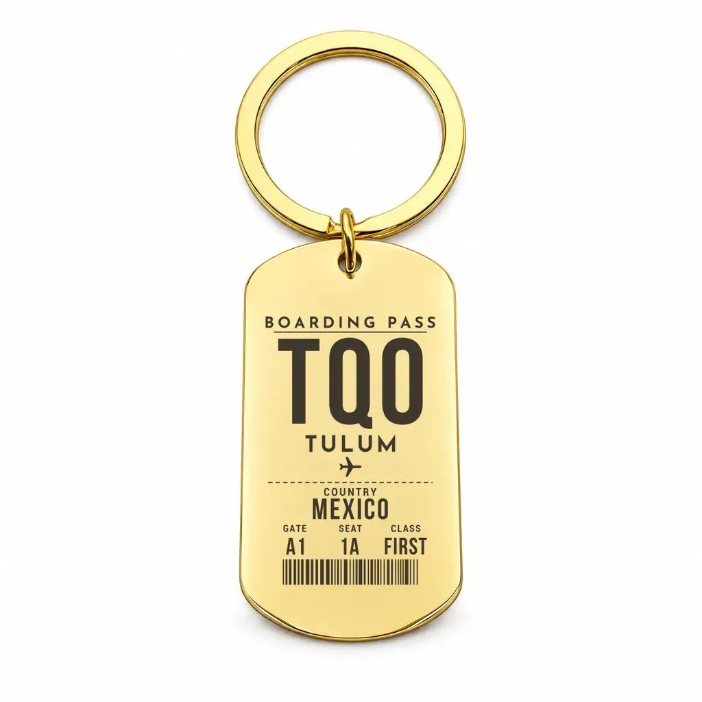 Felipe Carrillo Puerto International Airport Tulum TQO - Key Chain - Boarding Pass Style - Gold