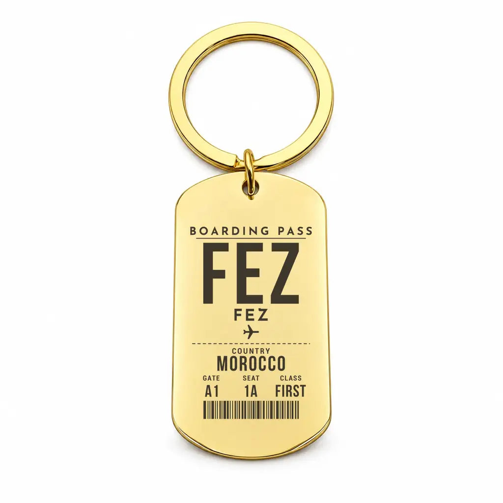 Fes - Saiss Airport FEZ - Key Chain - Boarding Pass Style - Gold