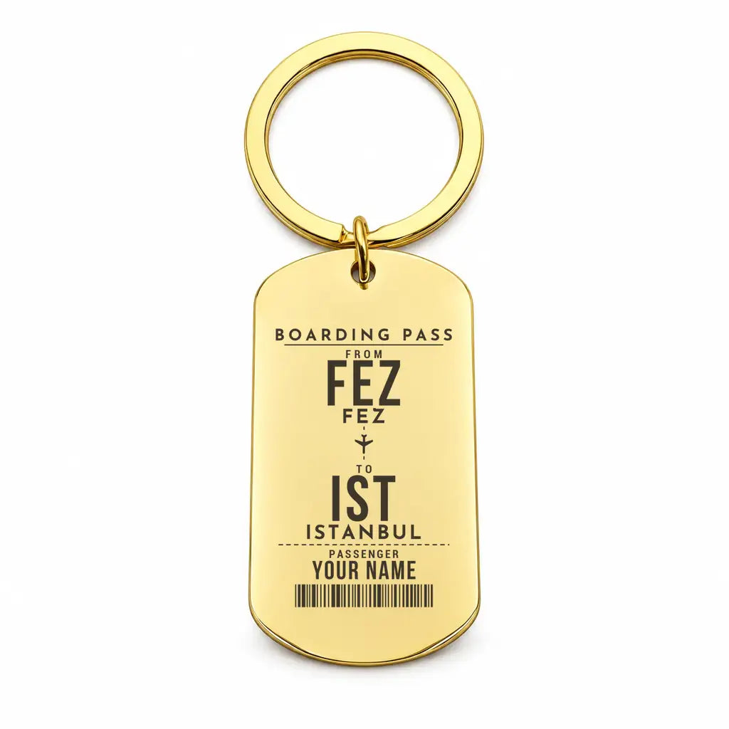 Fes - Saiss Airport FEZ - Key Chain - Customizable Boarding Pass - Gold