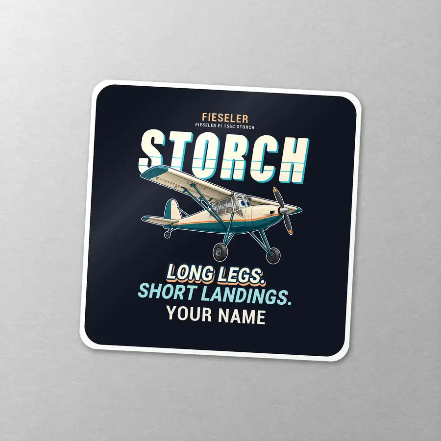 Fieseler Fi 156C Storch - Cartoon + Name - Square Sticker - Close-up