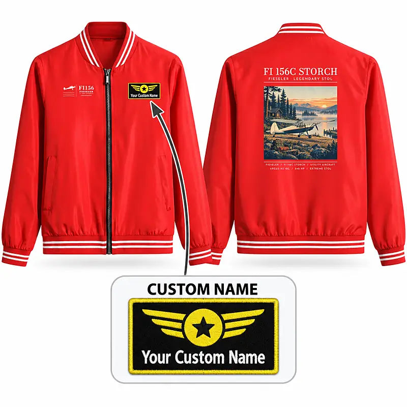 Fieseler Fi 156C Storch Stylish Jackets - Baseball Collar - Poster + Name - Red