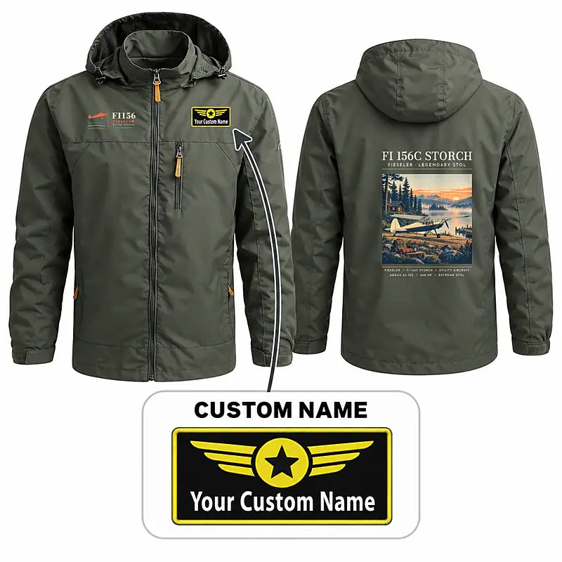 Fieseler Fi 156C Storch Stylish Jackets - Hooded Windbreaker - Poster + Name - Olive Green