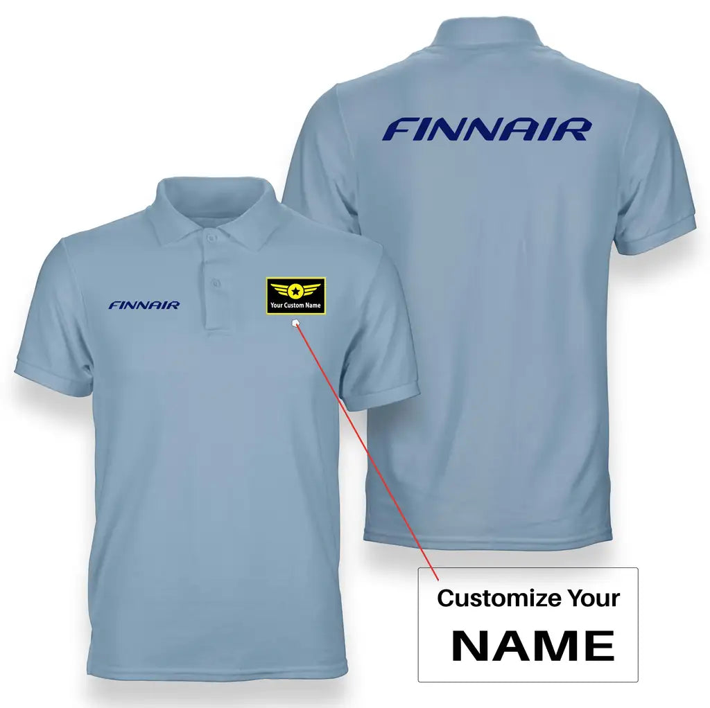 Finnair Airlines logo on light blue + name double side polo t shirt
