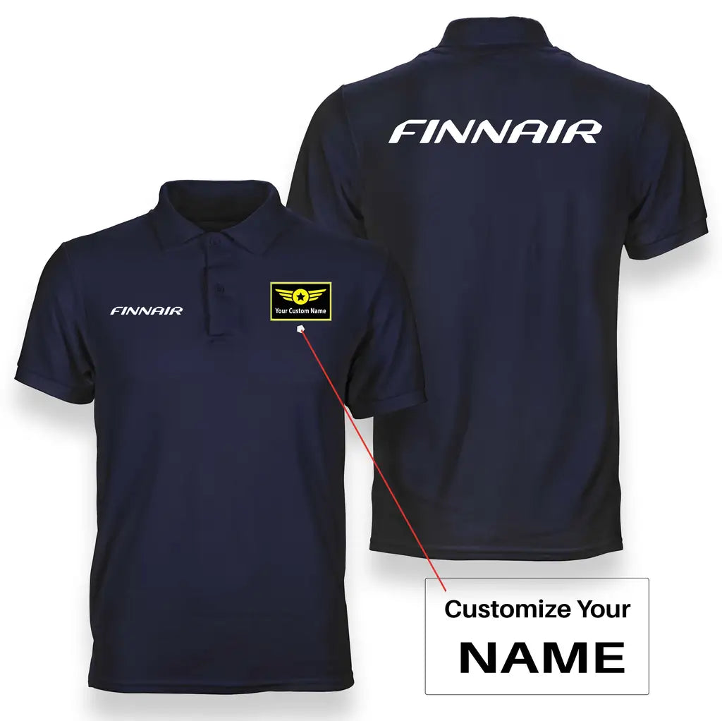 Finnair Airlines logo on navy blue + name double side polo t shirt