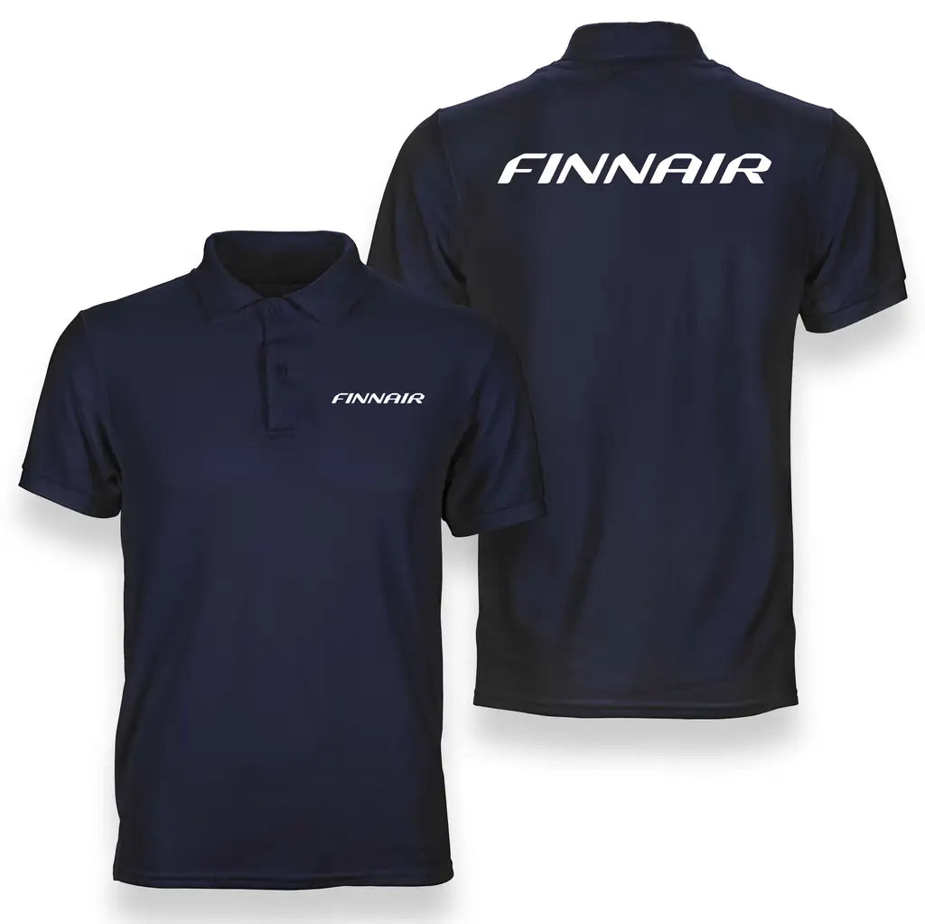 Finnair Airlines logo on navy blue double side polo t shirt