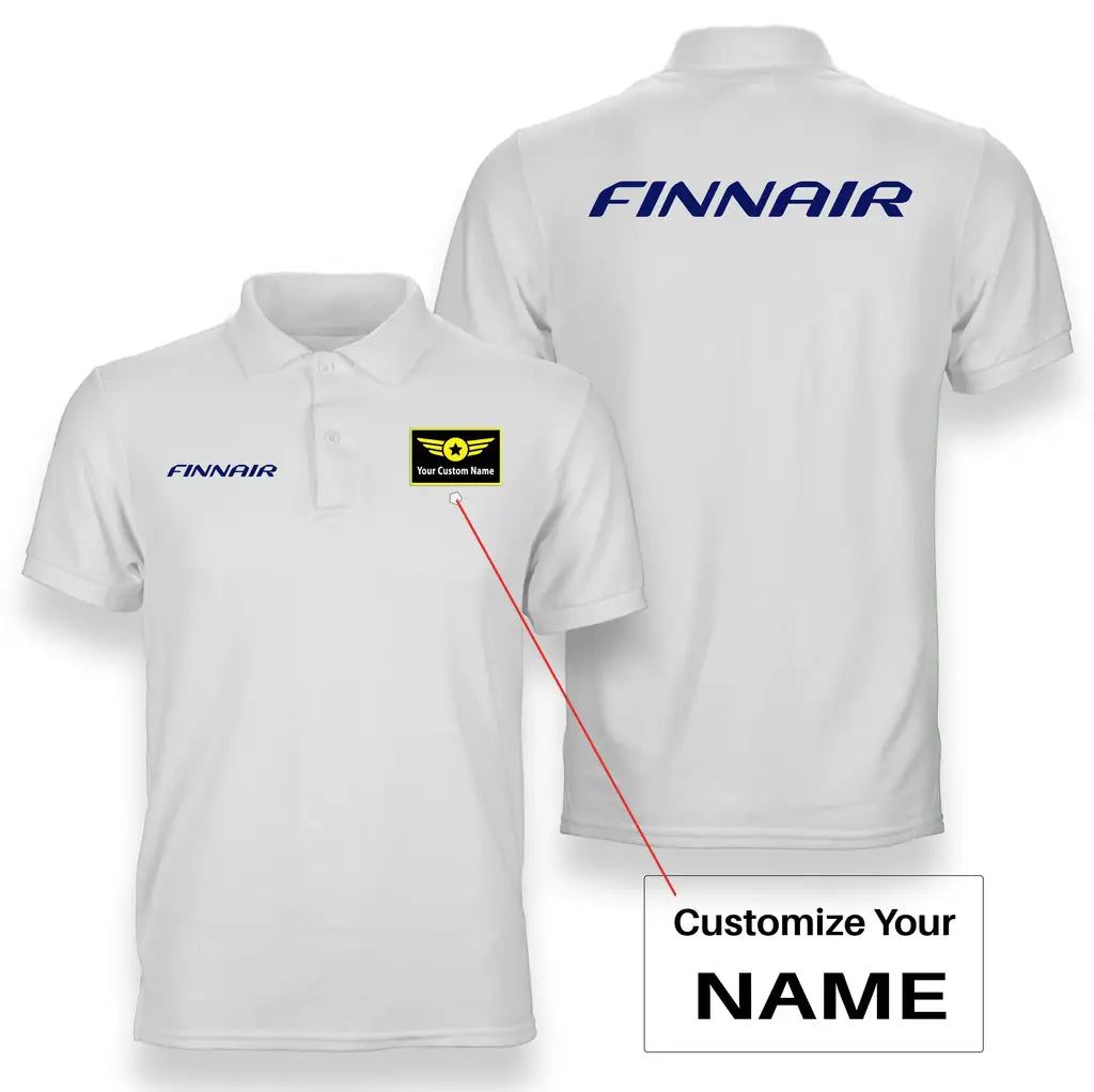 Finnair Airlines logo on white + name double side polo t shirt