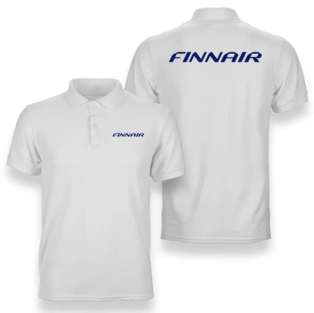 Finnair Airlines logo on white double side polo t shirt