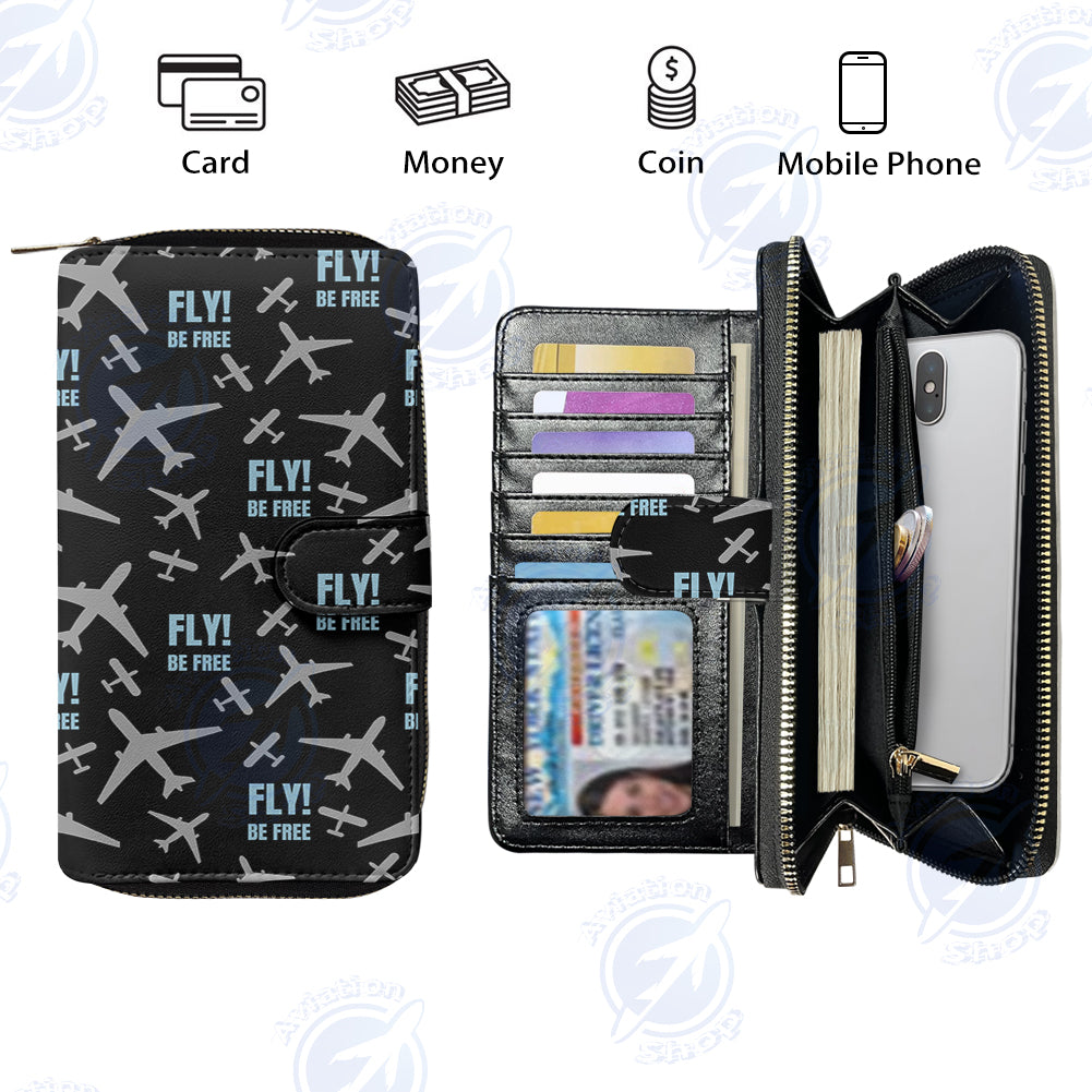 Fly Be Free Black Designed Leather Long Zipper Wallets