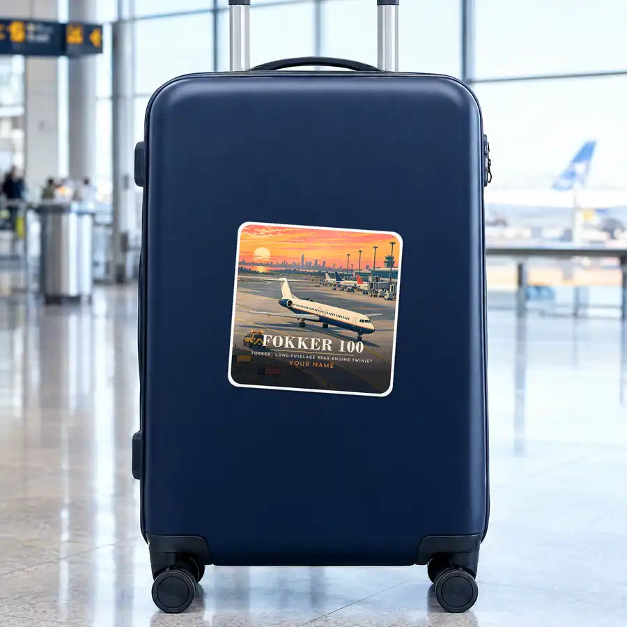 Fokker 100 - 3D + Name - Square Sticker - Suitcase
