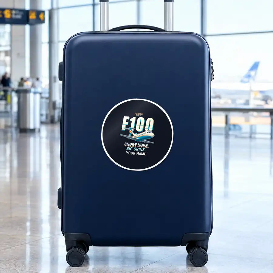Fokker 100 - Cartoon + Name - Circle Sticker - Suitcase