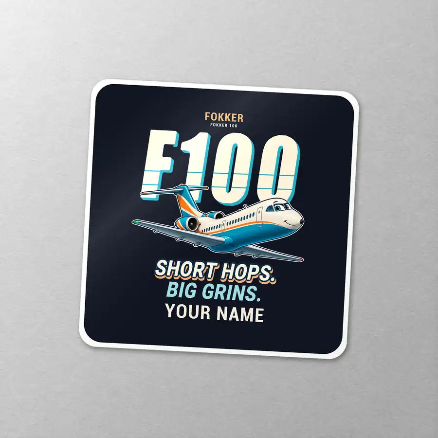 Fokker 100 - Cartoon + Name - Square Sticker - Close-up