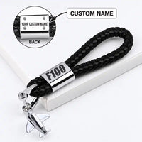 Thumbnail for Fokker 100 - Leather Key Chain - Braided Leather - Tag - Black + Name