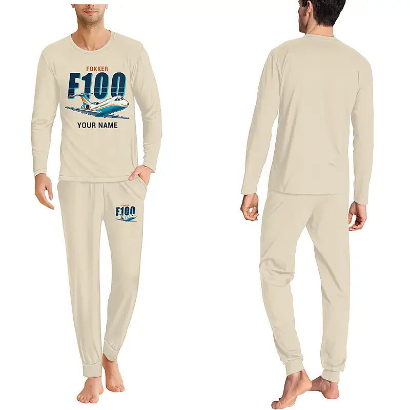 Fokker 100 - Men Pajamas - Cartoon Chest + Name - Beige