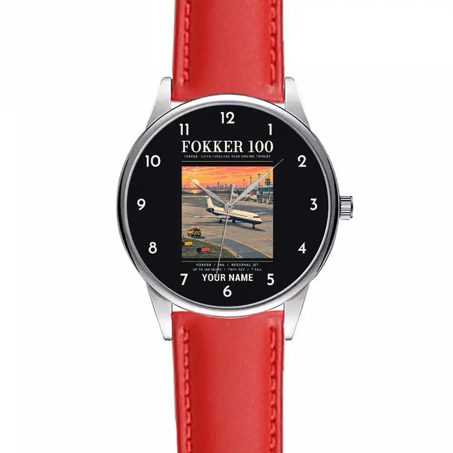 Fokker 100 - Poster + Name - Leather Strap - Red Leather Strap