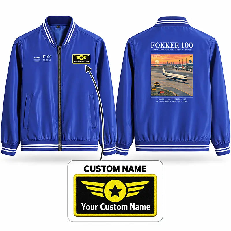 Fokker 100 Stylish Jackets - Baseball Collar - Poster + Name - Royal Blue