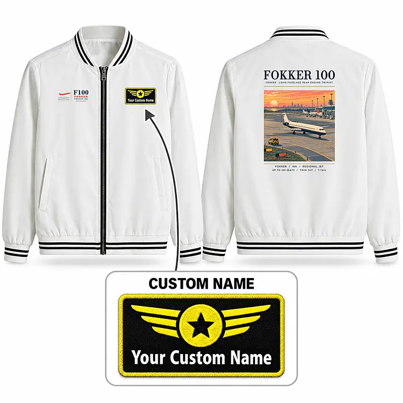 Fokker 100 Stylish Jackets - Baseball Collar - Poster + Name - White